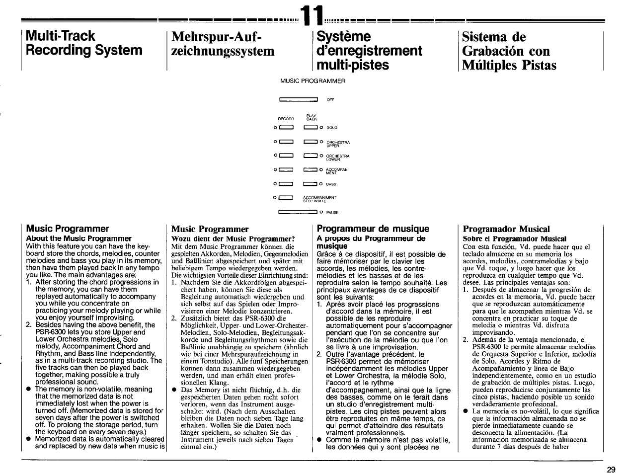 Music programmer, About the music programmer, Programador musical | Music programmer), Programador musical), Multi-track, Système, Recording system, D’enregistrement multi-pistes, Mehrspur-auf | Yamaha PSR-6300 User Manual | Page 31 / 52