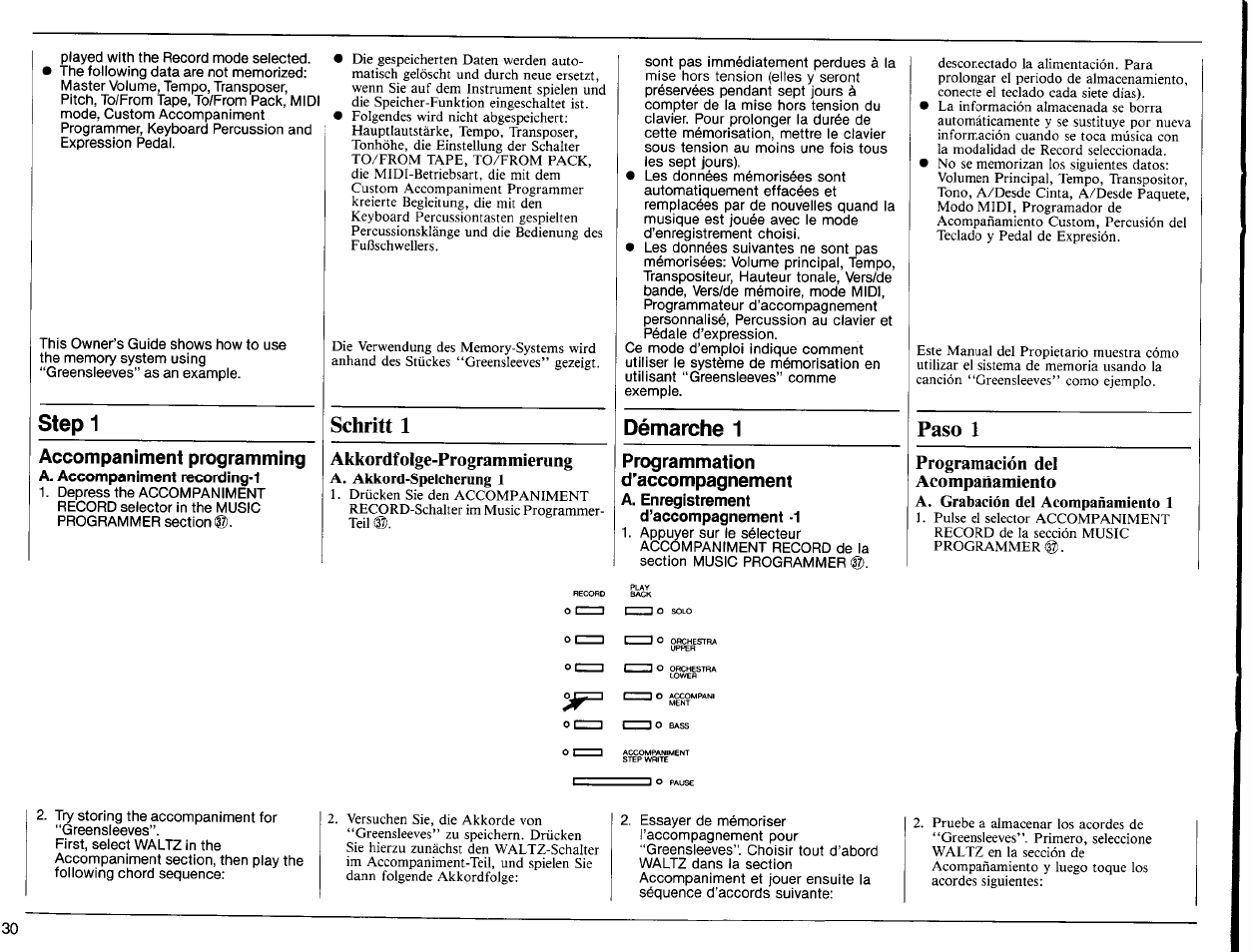 Schritt 1, Akkordfolge-programmierung, Programmation | D’accompagnement, A. enregistrement d’accompagnement -1, Paso 1, Programación de] acompañamiento, Accompaniment programming, Programmation d’accompagnement, Step 1 | Yamaha PSR-6300 User Manual | Page 32 / 52