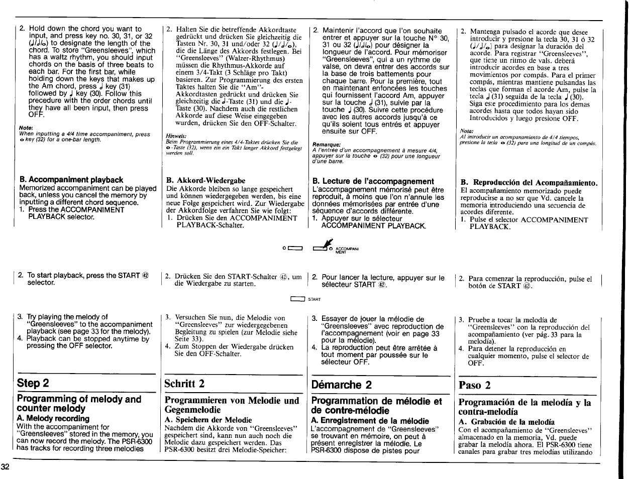 B. accompaniment playback, B. akkord-wiedergabe, B. lecture de taccompagnement | B. reproducción del acompañamiento, Schritt 2, Paso 2 programming of melody and counter melody, Programmation de mélodie et de contre-mélodie, Step 2, Démarche 2 | Yamaha PSR-6300 User Manual | Page 34 / 52