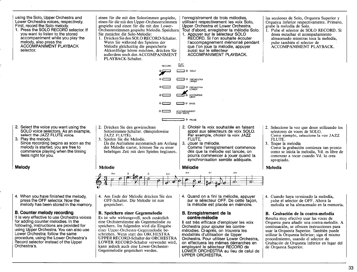 Melody, Mélodie, Melodía | B. counter melody recording, B. speichern einer gegenmelodie, B. enregistrement de la contre-mélodie, B. grabación de la contra-melodía | Yamaha PSR-6300 User Manual | Page 35 / 52