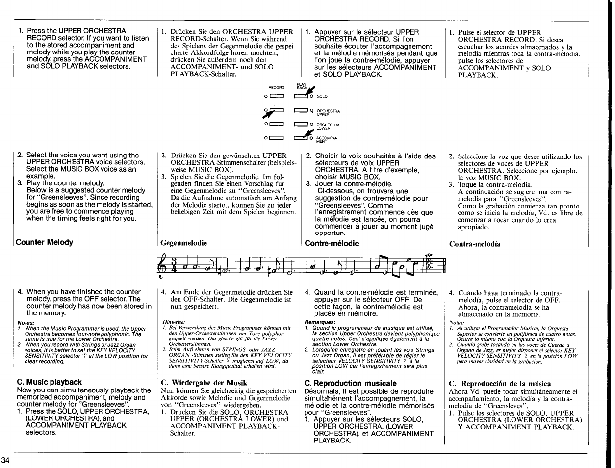 Counter melody, Gegenmelodie, Contre-mélodie | Contra-melodía, C. music piayback, C. wiedergabe der musik, C. reproduction musicale, C. reproducción de la música | Yamaha PSR-6300 User Manual | Page 36 / 52