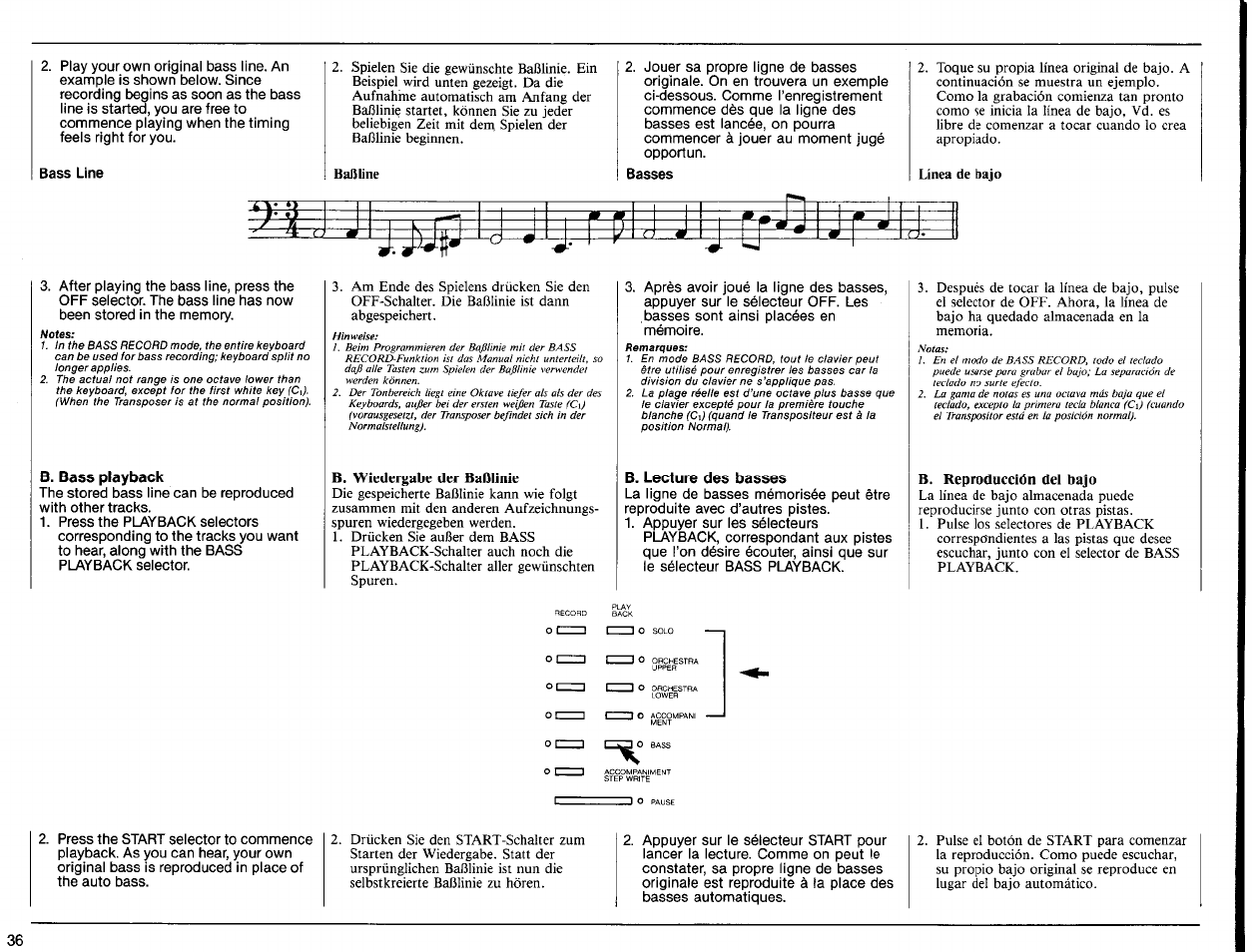 Bass line, B. bass playback, B. wiedergabe der baßlinie | B. lecture des basses, B. reproducción del bajo | Yamaha PSR-6300 User Manual | Page 38 / 52