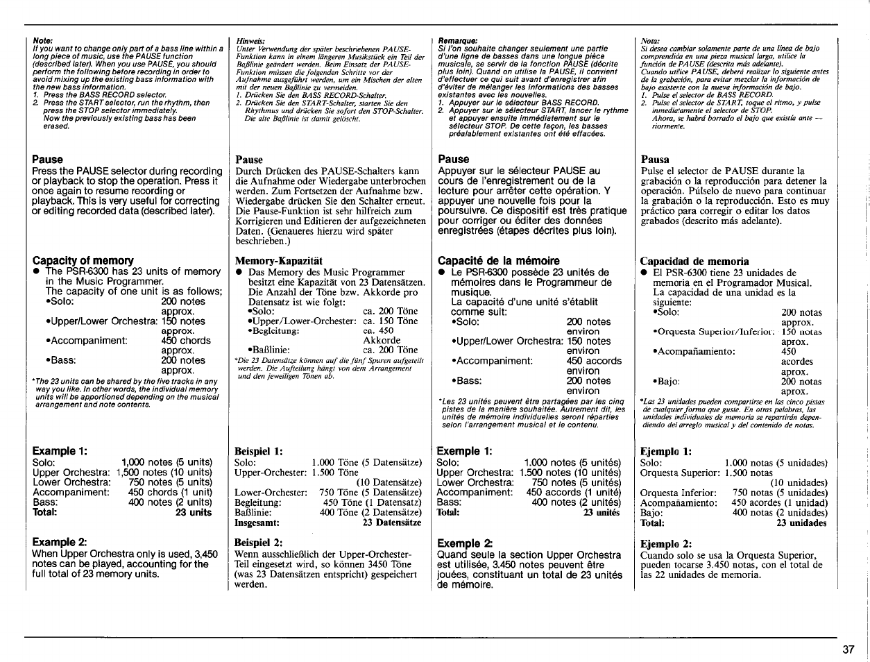 Pause, Example 1, Total: 23 units example 2 | Capacité de la mémoire, Exemple 1, Exemple 2 | Yamaha PSR-6300 User Manual | Page 39 / 52