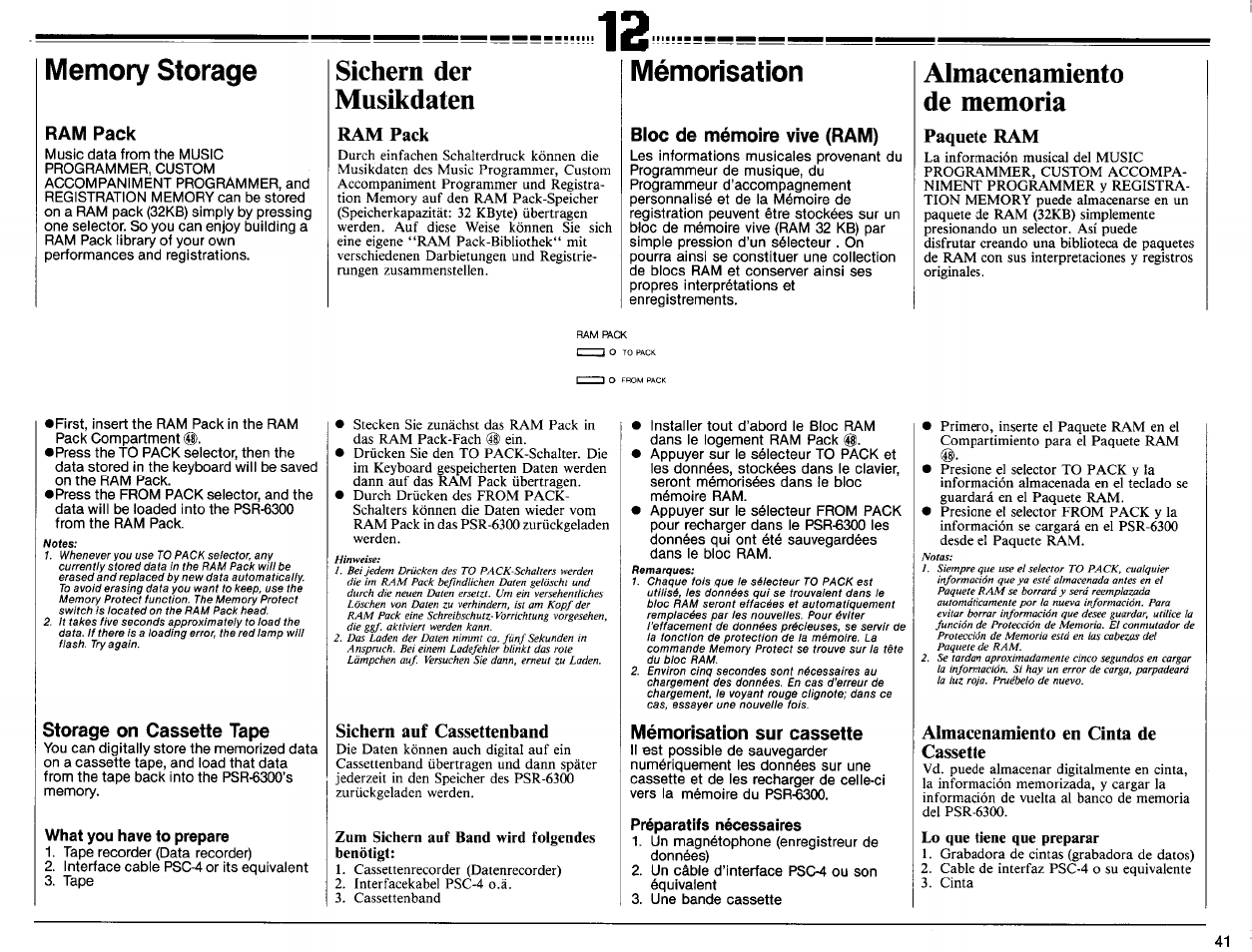 Memory storage, Ram pack, Mémorisation | Bloc de mémoire vive (ram), Paquete ram, Storage on cassette tape, What you have to prepare, Sichern auf cassettenband, Zum sichern auf band wird folgendes benötigt, Mémorisation sur cassette | Yamaha PSR-6300 User Manual | Page 43 / 52