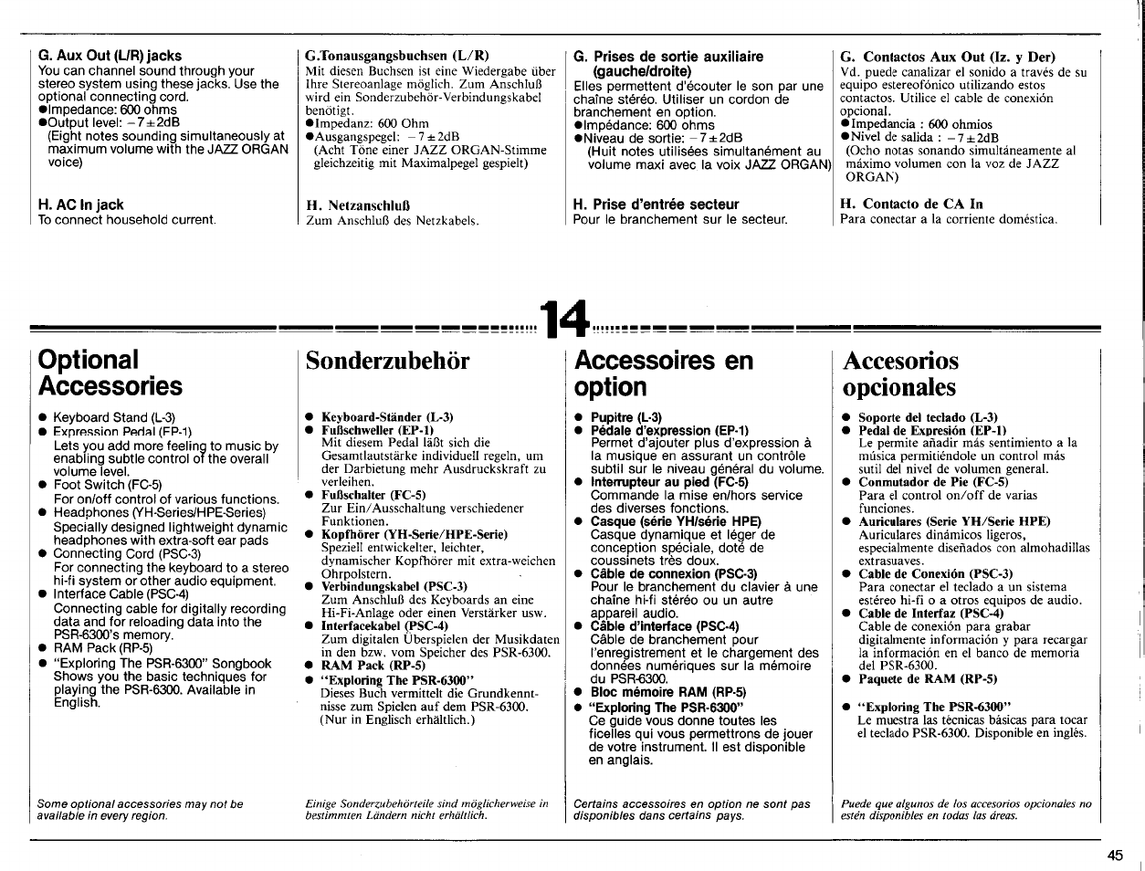 G. prises de sortie auxiliaire (gauche/droite), H. prise d’entrée secteur, Optional | Accessories, Accessoires en option, Pupitre (l*3), Optional accessories, Sonderzubehör, Accesorios opcionales | Yamaha PSR-6300 User Manual | Page 47 / 52