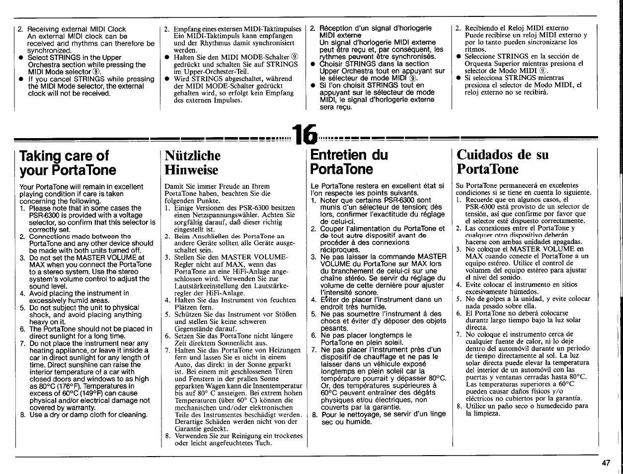Taking care of your portatone, Entretien du portatone, Nützuche hinweise | Cuidados de su portatone | Yamaha PSR-6300 User Manual | Page 49 / 52