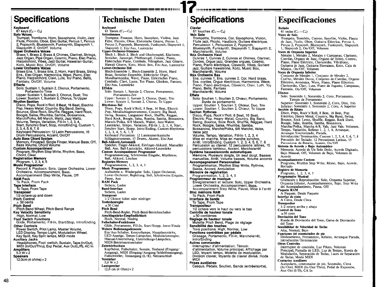 Specifications, Spécifications, Technische daten | Especificaciones | Yamaha PSR-6300 User Manual | Page 50 / 52