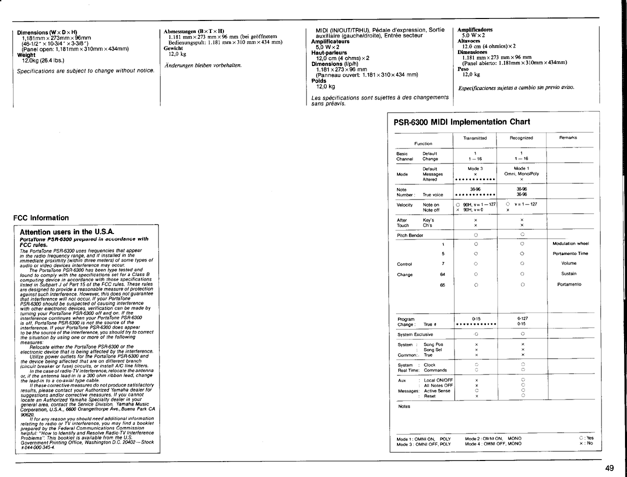 Fcc information, Attention users in the u.s.a, Psr-6300 midi implementation chart | Yamaha PSR-6300 User Manual | Page 51 / 52