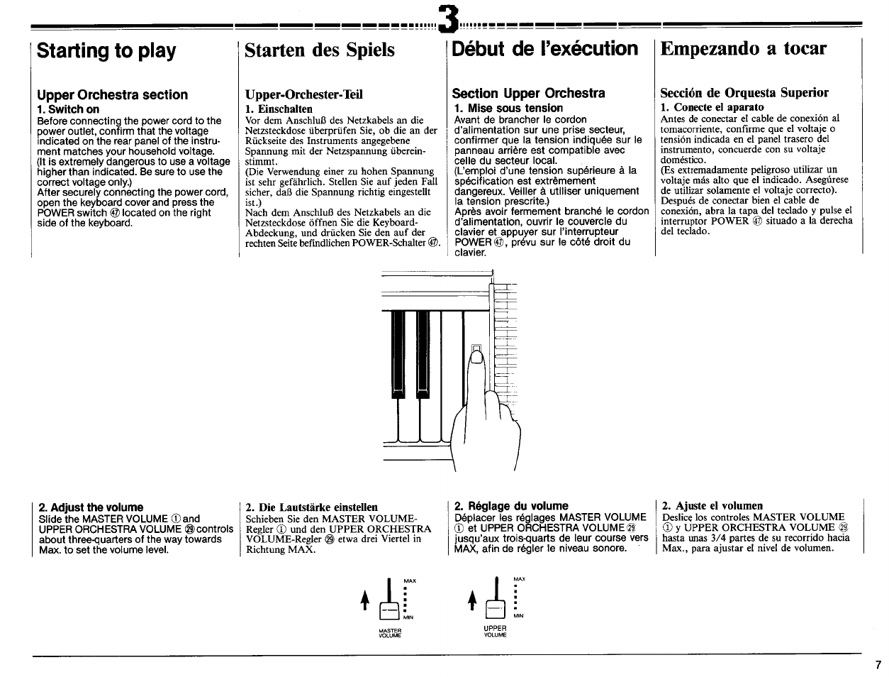 Starting to play, Upper orchestra section, Switch on | Upper-orchester-teil, Début de l’exécution, Section upper orchestra, Mise sous tension, Sección de orquesta superior, Adjust the volume, Réglage du volume | Yamaha PSR-6300 User Manual | Page 9 / 52