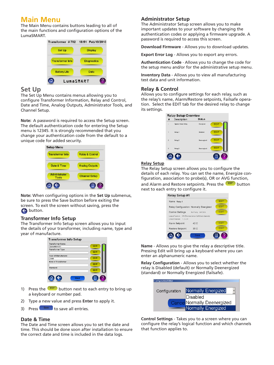 Main menu, Set up | LumaSense Technologies LumaSMART Controller User Manual | Page 3 / 4