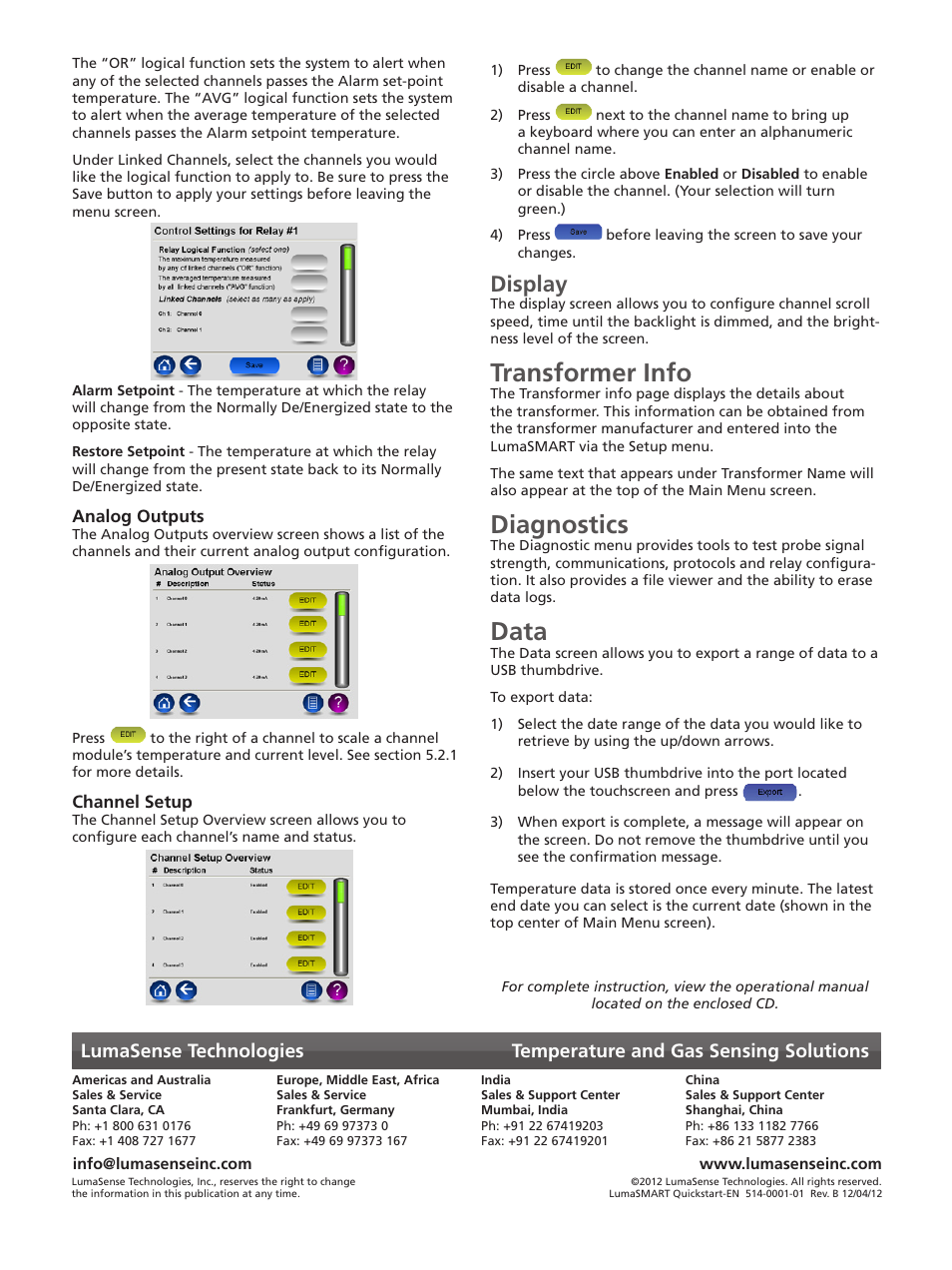 Transformer info, Diagnostics, Data | Display | LumaSense Technologies LumaSMART Controller User Manual | Page 4 / 4