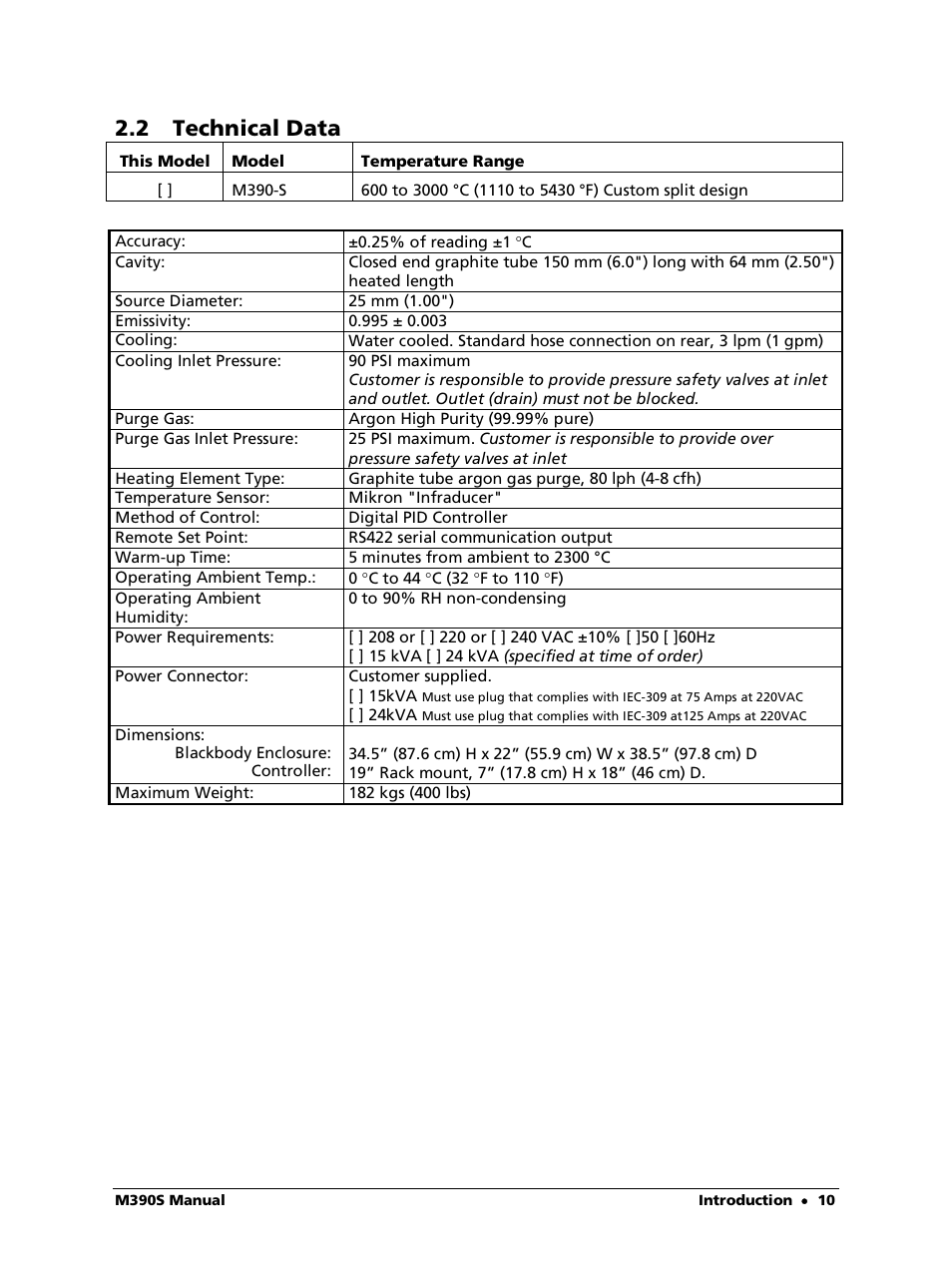 2 technical data | LumaSense Technologies M390S User Manual | Page 10 / 32