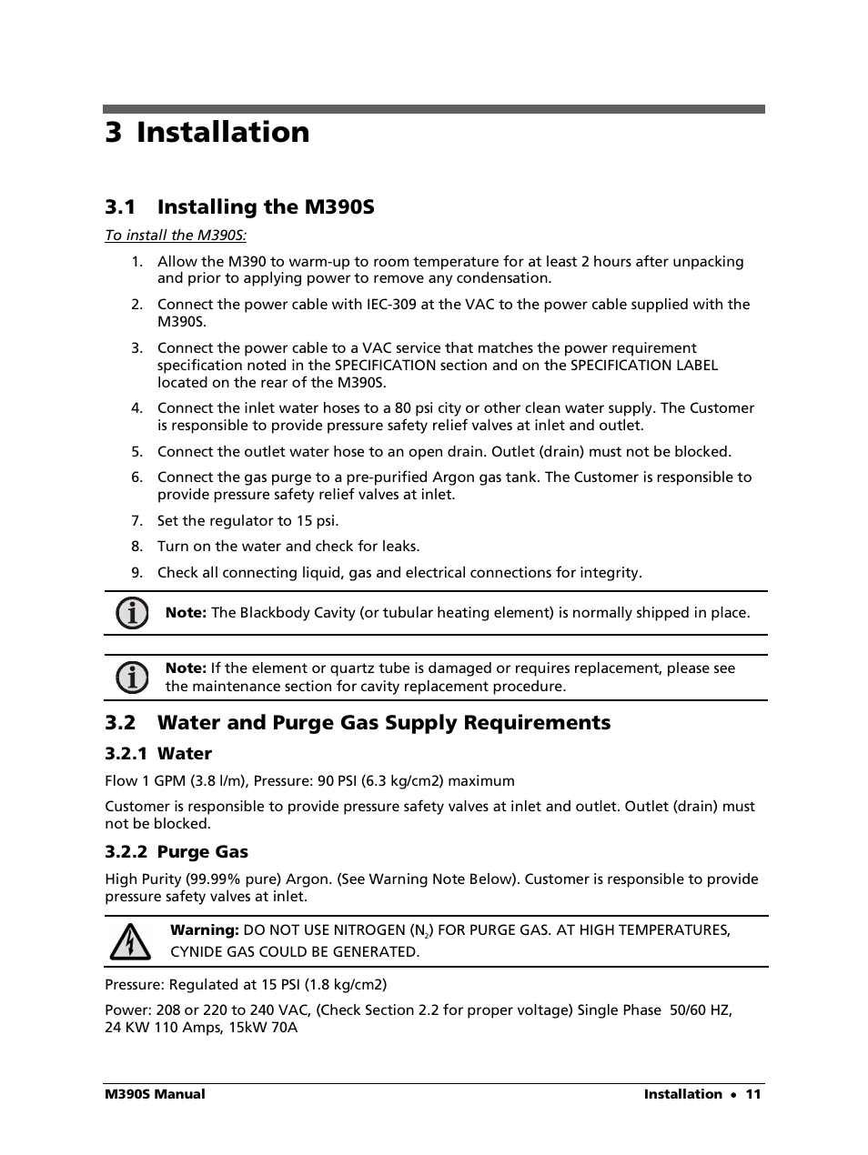 3 installation, 1 installing the m390s, 2 water and purge gas supply requirements | 1 water, 2 purge gas | LumaSense Technologies M390S User Manual | Page 11 / 32