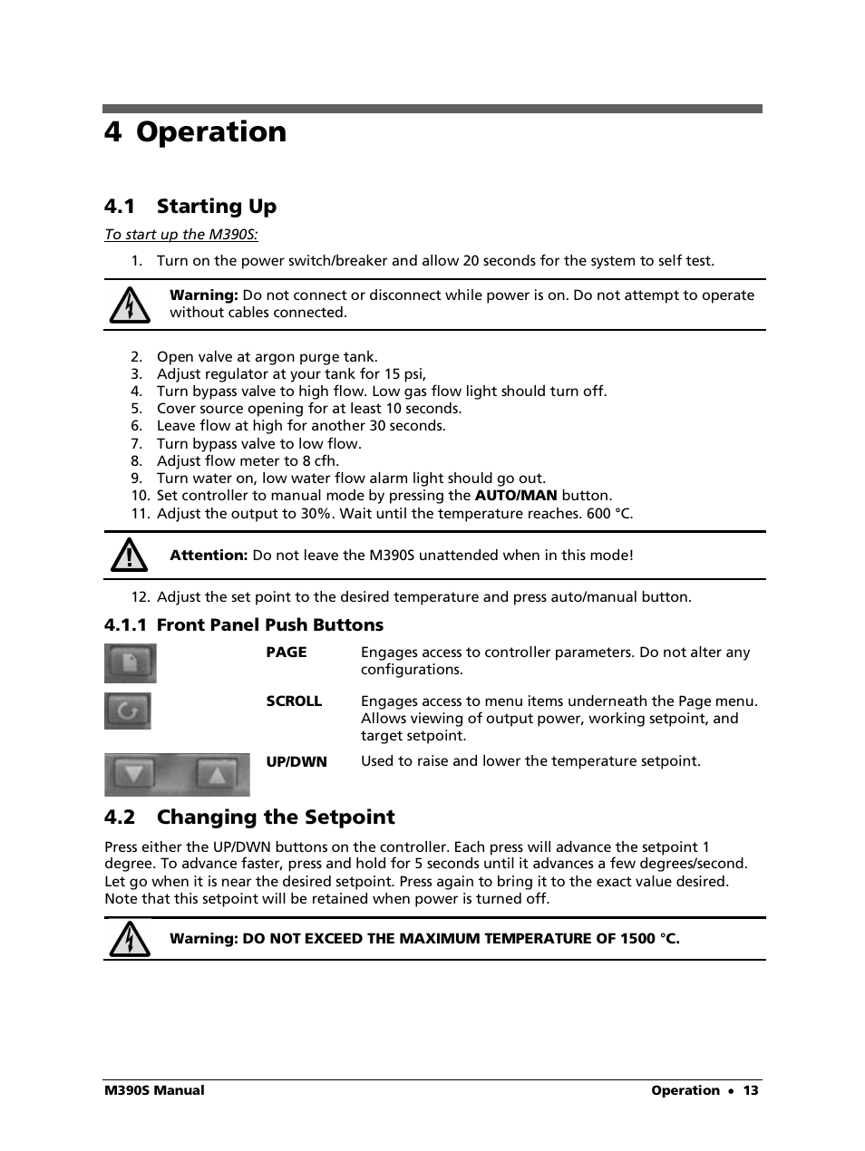 4 operation, 1 starting up, 1 front panel push buttons | 2 changing the setpoint | LumaSense Technologies M390S User Manual | Page 13 / 32