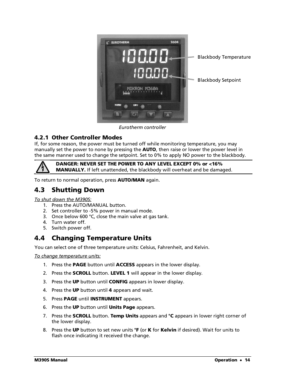 1 other controller modes, 3 shutting down, 4 changing temperature units | LumaSense Technologies M390S User Manual | Page 14 / 32