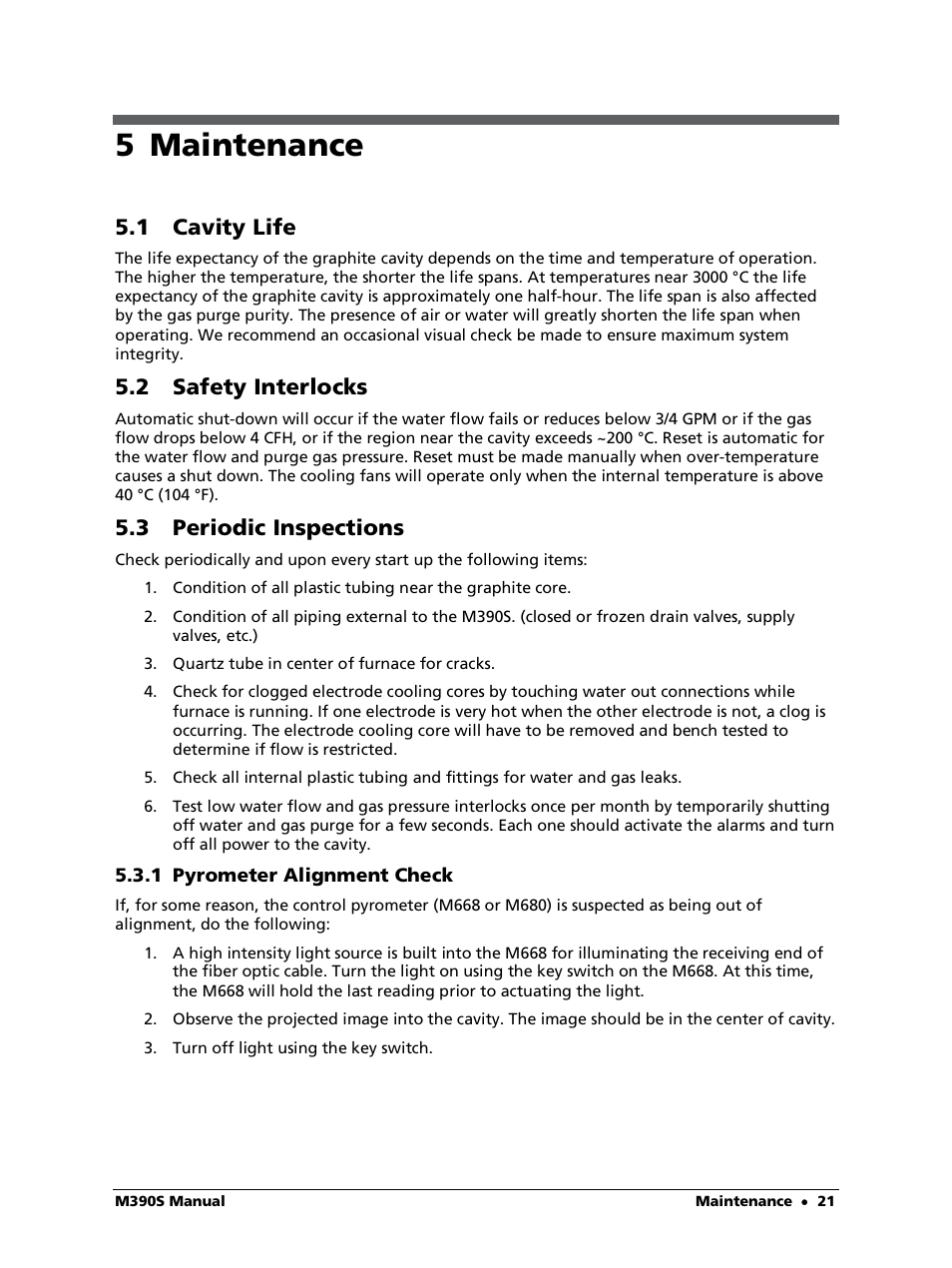 5 maintenance, 1 cavity life, 2 safety interlocks | 3 periodic inspections, 1 pyrometer alignment check | LumaSense Technologies M390S User Manual | Page 21 / 32