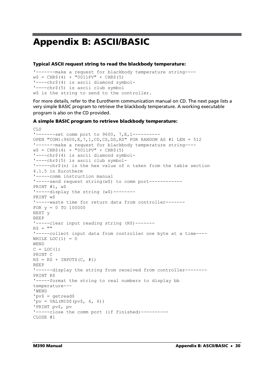 Appendix b: ascii/basic | LumaSense Technologies M390S User Manual | Page 30 / 32