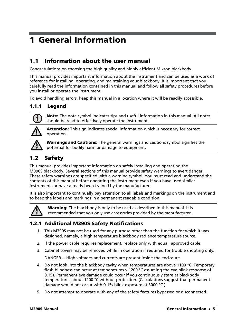 1 general information, 1 information about the user manual, 1 legend | 2 safety, 1 additional m390s safety notifications | LumaSense Technologies M390S User Manual | Page 5 / 32