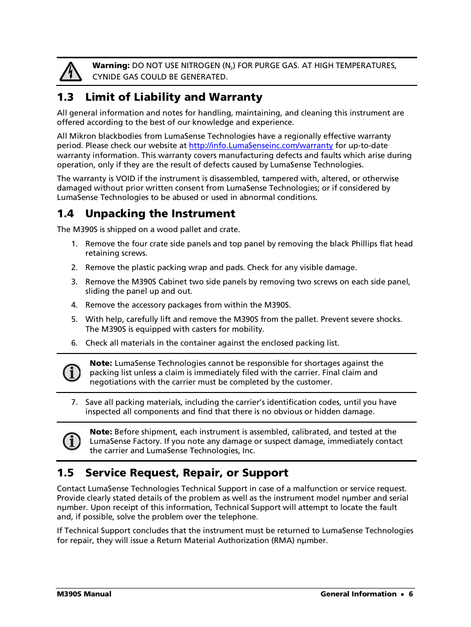 3 limit of liability and warranty, 4 unpacking the instrument, 5 service request, repair, or support | LumaSense Technologies M390S User Manual | Page 6 / 32