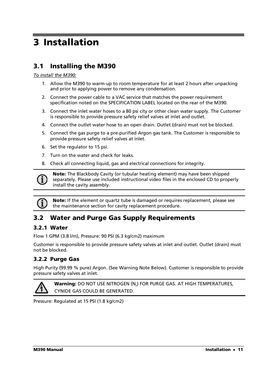 3 installation, 1 installing the m390, 2 water and purge gas supply requirements | 1 water, 2 purge gas | LumaSense Technologies M390 User Manual | Page 11 / 35