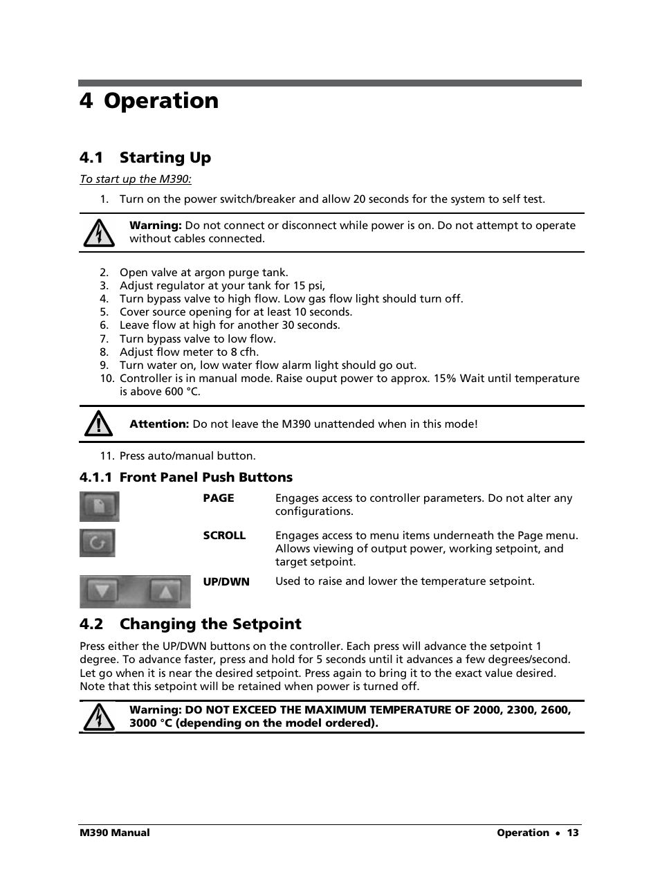 4 operation, 1 starting up, 1 front panel push buttons | 2 changing the setpoint | LumaSense Technologies M390 User Manual | Page 13 / 35