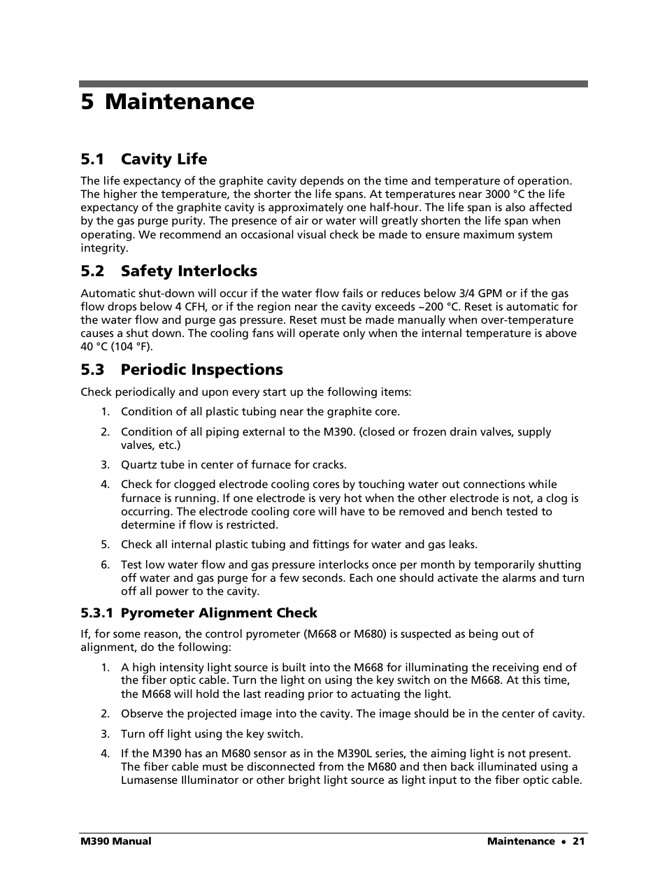 5 maintenance, 1 cavity life, 2 safety interlocks | 3 periodic inspections, 1 pyrometer alignment check | LumaSense Technologies M390 User Manual | Page 21 / 35