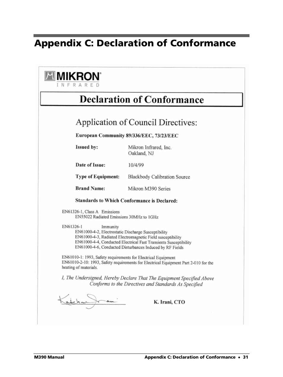 Appendix c: declaration of conformance | LumaSense Technologies M390 User Manual | Page 31 / 35