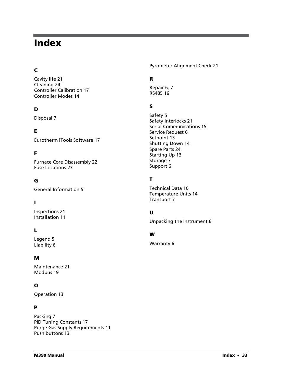 Index | LumaSense Technologies M390 User Manual | Page 33 / 35