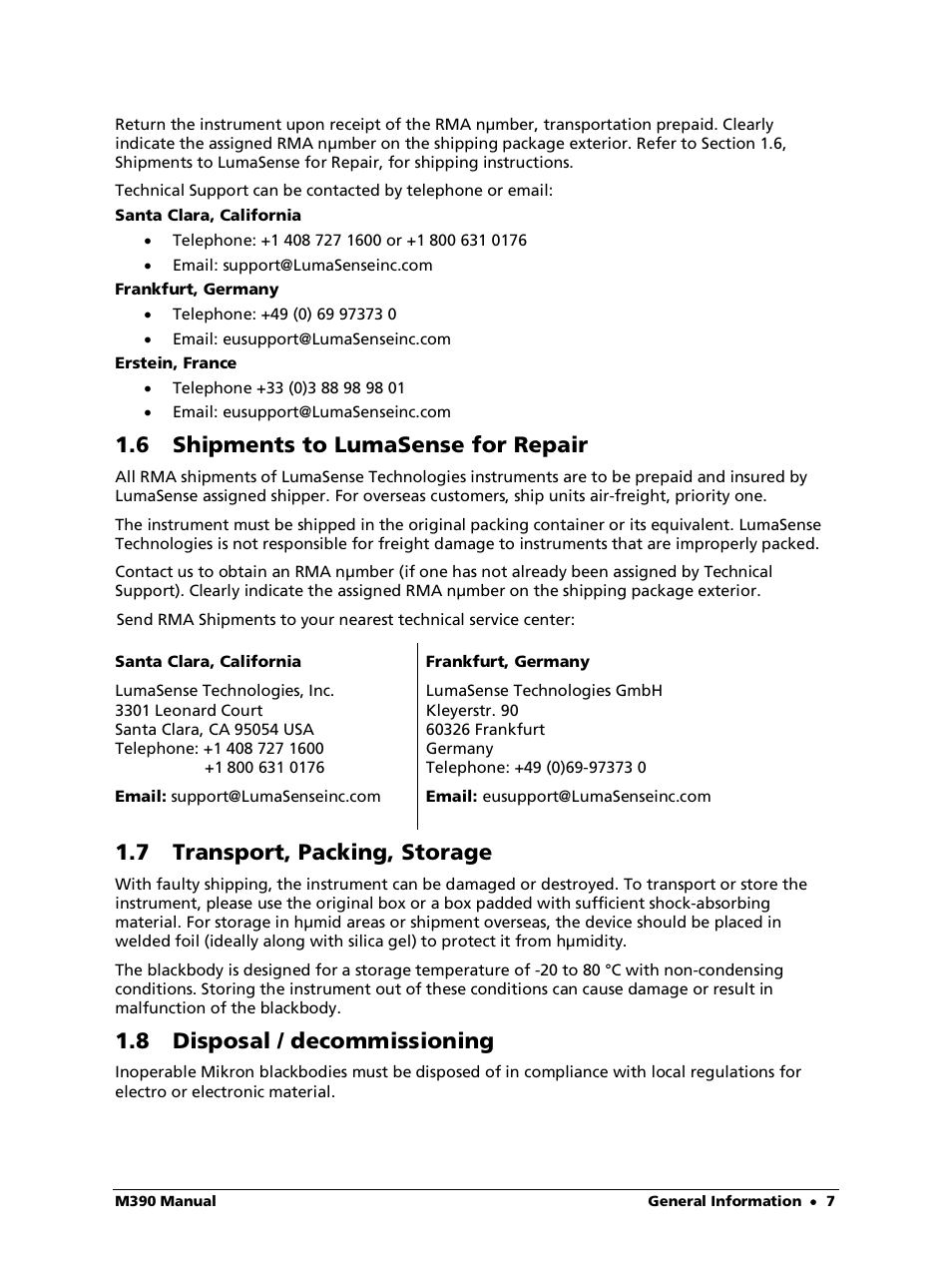 6 shipments to lumasense for repair, 7 transport, packing, storage, 8 disposal / decommissioning | LumaSense Technologies M390 User Manual | Page 7 / 35