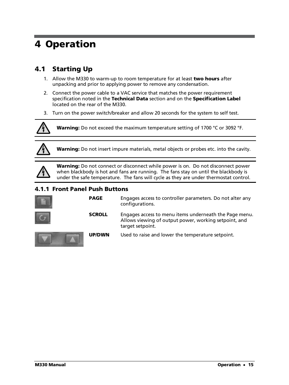 4 operation, 1 starting up, 1 front panel push buttons | LumaSense Technologies M330 User Manual | Page 15 / 45