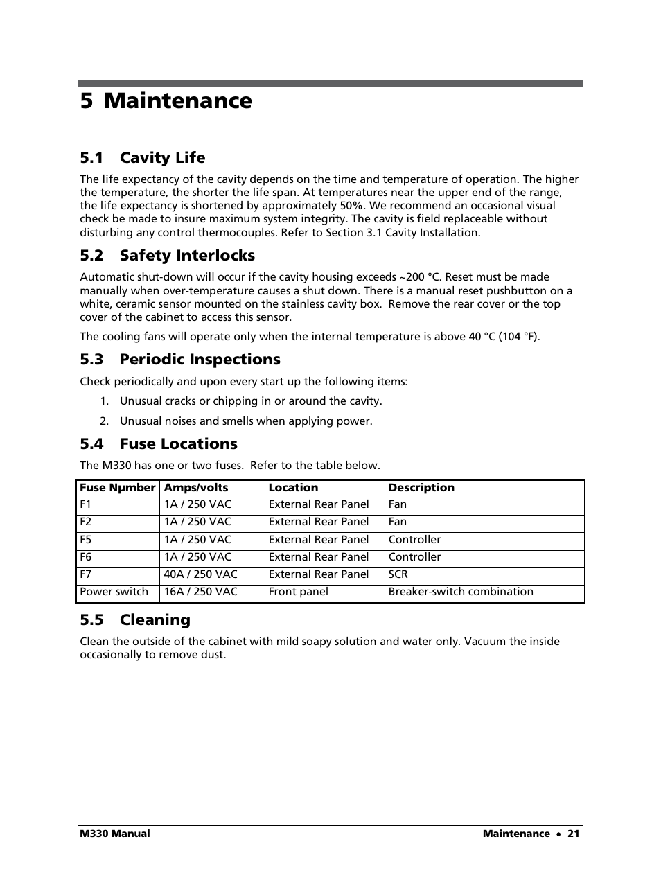 5 maintenance, 1 cavity life, 2 safety interlocks | 3 periodic inspections, 4 fuse locations, 5 cleaning | LumaSense Technologies M330 User Manual | Page 21 / 45