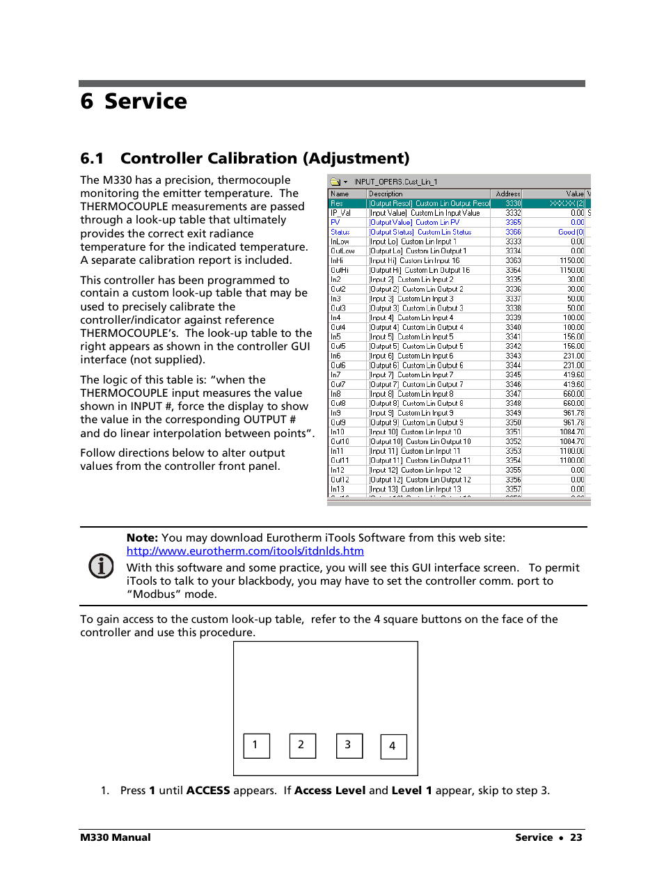 6 service, 1 controller calibration (adjustment) | LumaSense Technologies M330 User Manual | Page 23 / 45