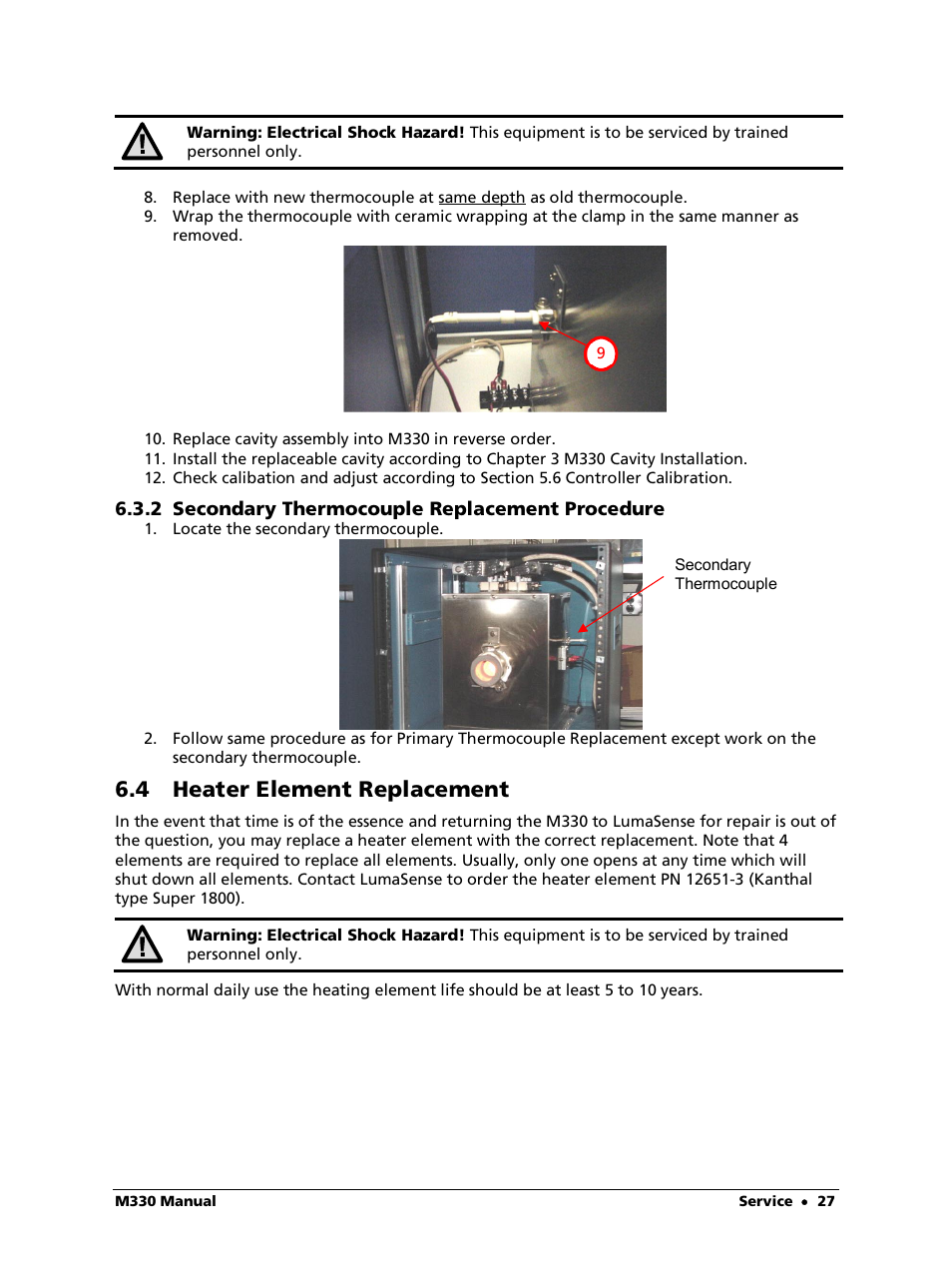 2 secondary thermocouple replacement procedure, 4 heater element replacement | LumaSense Technologies M330 User Manual | Page 27 / 45