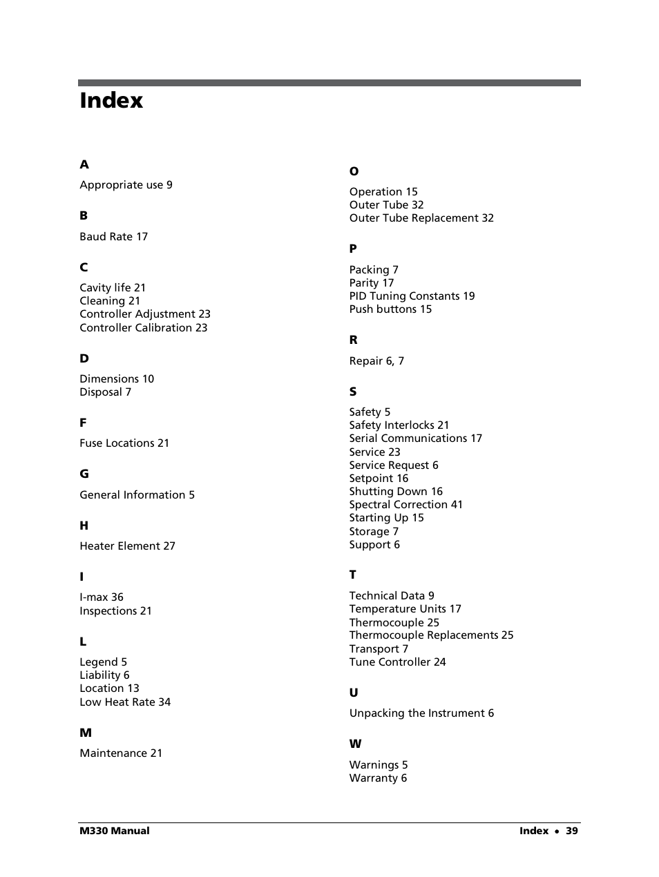 Index | LumaSense Technologies M330 User Manual | Page 39 / 45