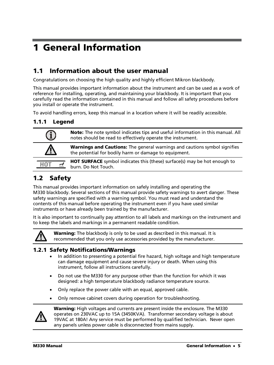 1 general information, 1 information about the user manual, 1 legend | 2 safety, 1 safety notifications/warnings | LumaSense Technologies M330 User Manual | Page 5 / 45