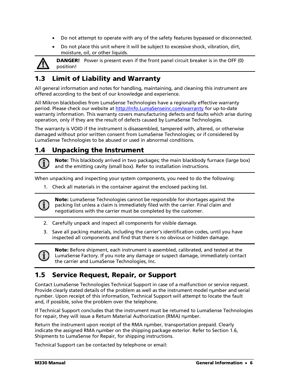 3 limit of liability and warranty, 4 unpacking the instrument, 5 service request, repair, or support | LumaSense Technologies M330 User Manual | Page 6 / 45