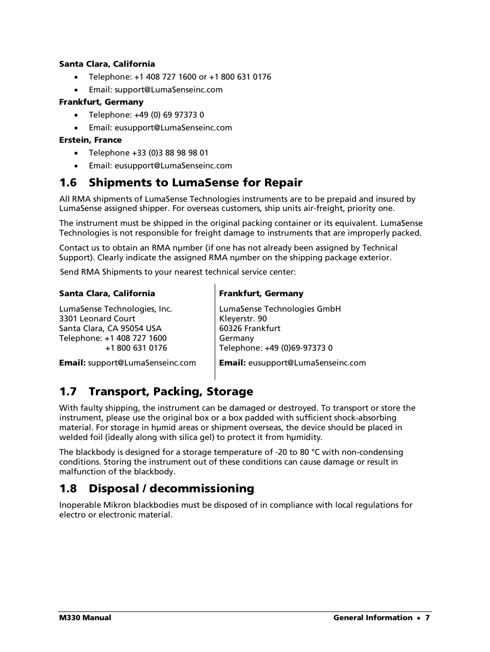 6 shipments to lumasense for repair, 7 transport, packing, storage, 8 disposal / decommissioning | LumaSense Technologies M330 User Manual | Page 7 / 45