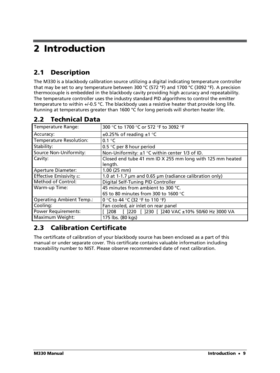 2 introduction, 1 description, 2 technical data | 3 calibration certificate | LumaSense Technologies M330 User Manual | Page 9 / 45