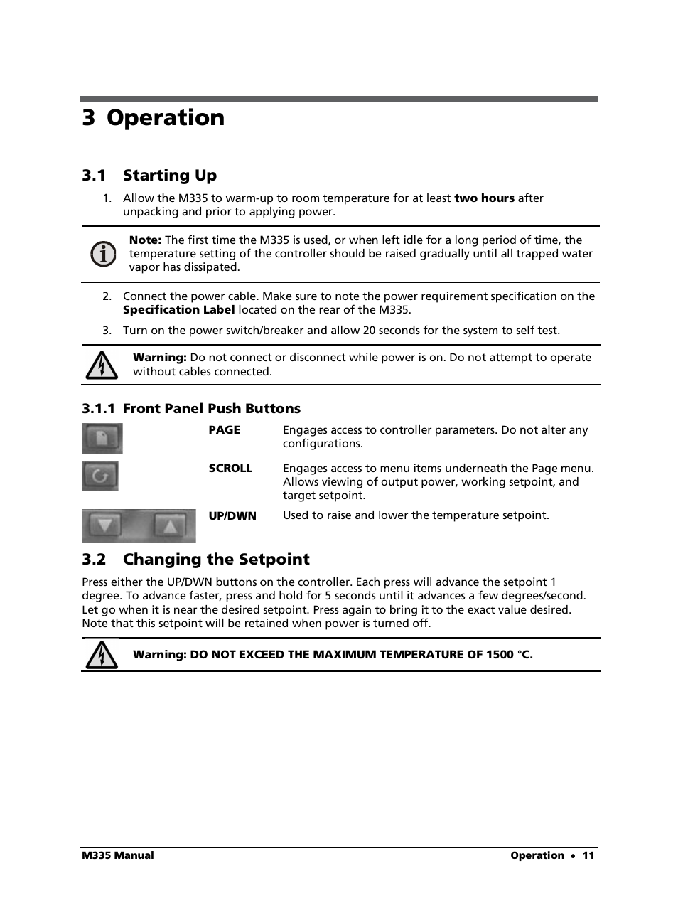 3 operation, 1 starting up, 1 front panel push buttons | 2 changing the setpoint | LumaSense Technologies M335 User Manual | Page 11 / 19