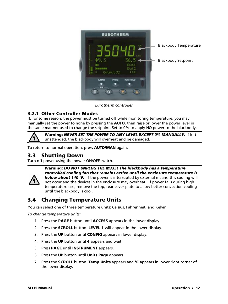 1 other controller modes, 3 shutting down, 4 changing temperature units | LumaSense Technologies M335 User Manual | Page 12 / 19