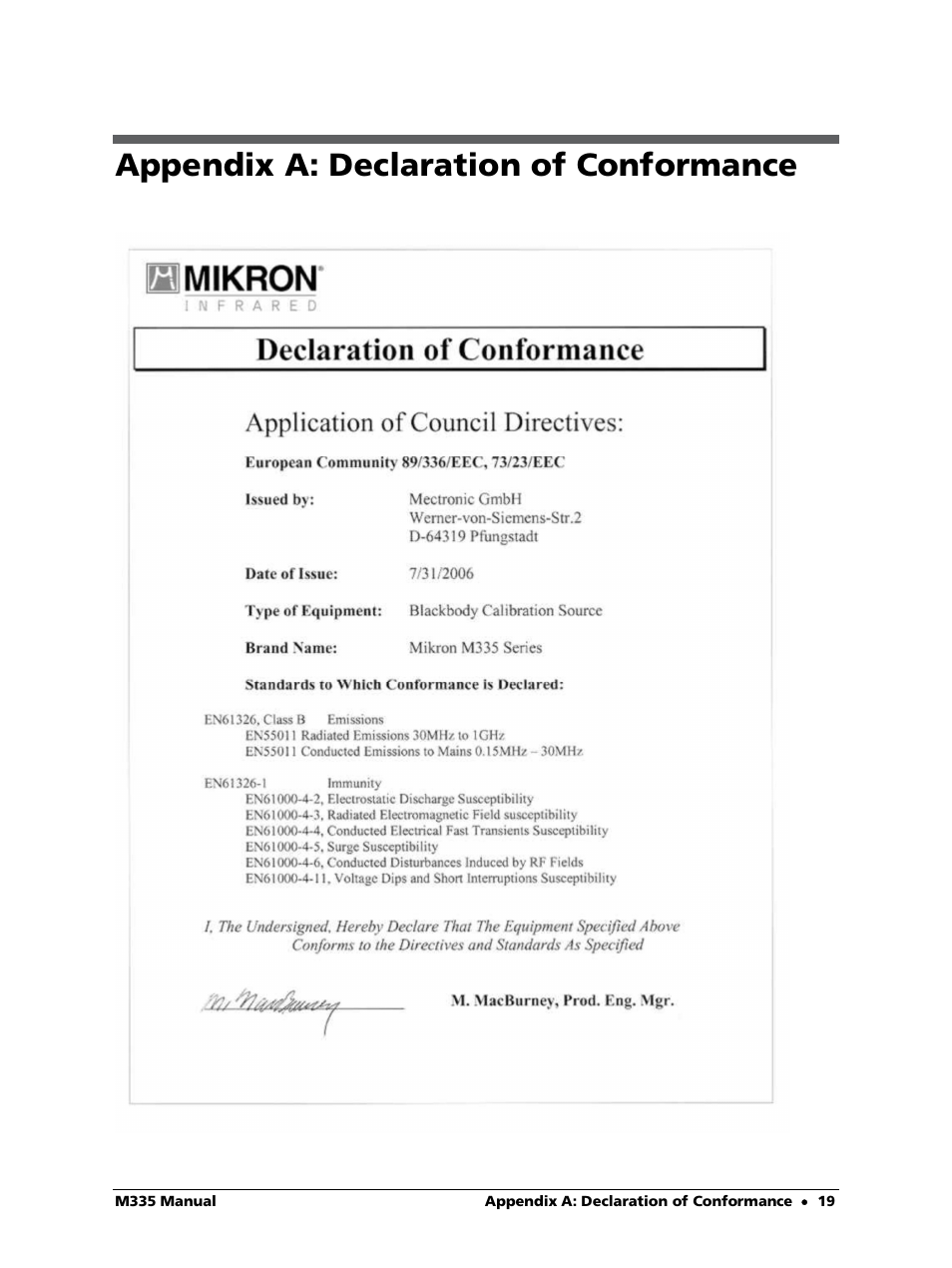 Appendix a: declaration of conformance | LumaSense Technologies M335 User Manual | Page 19 / 19