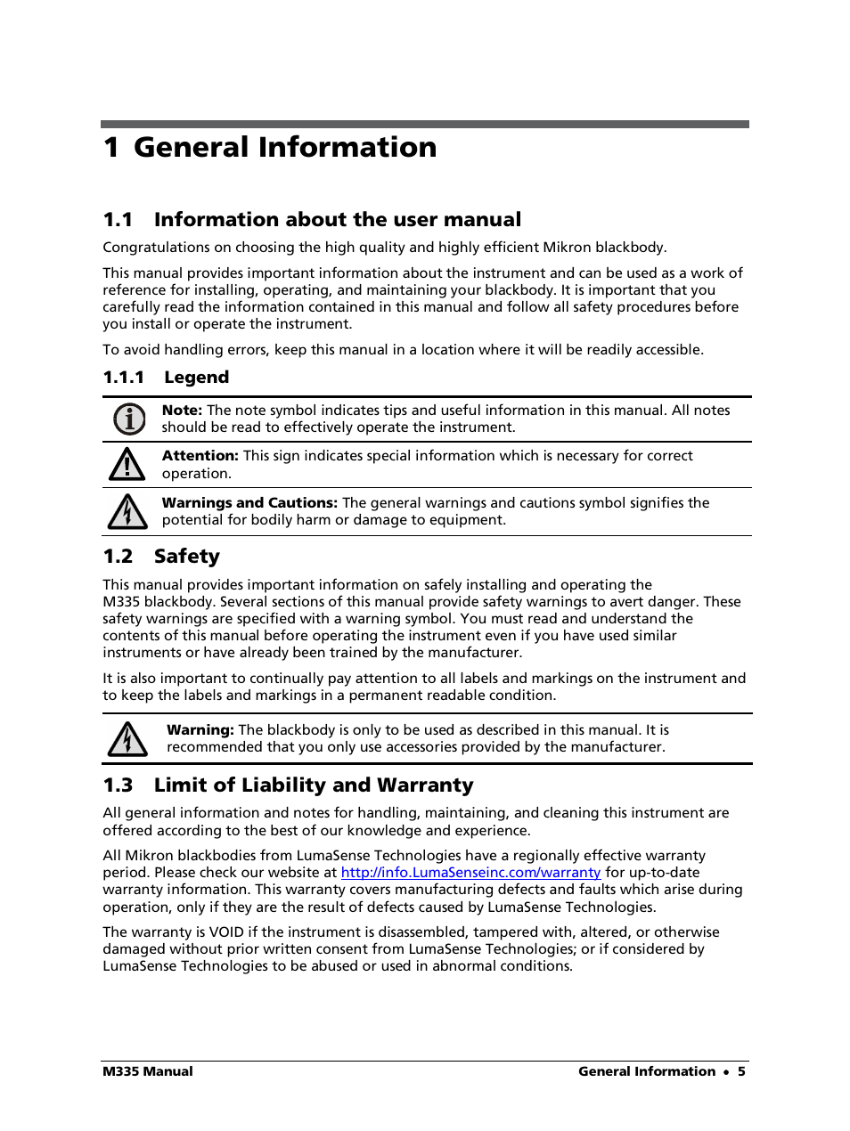 1 general information, 1 information about the user manual, 1 legend | 2 safety, 3 limit of liability and warranty | LumaSense Technologies M335 User Manual | Page 5 / 19