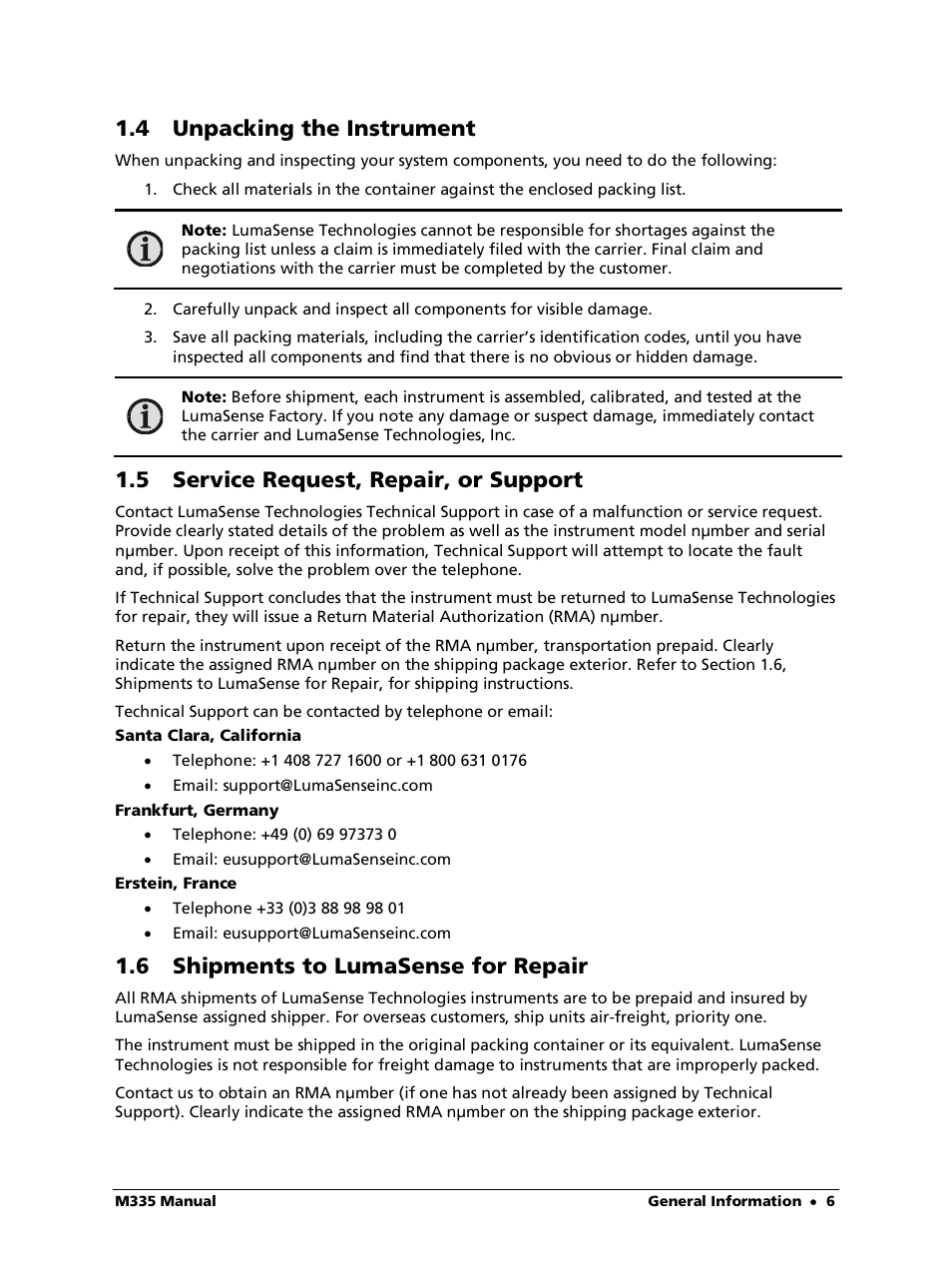 4 unpacking the instrument, 5 service request, repair, or support, 6 shipments to lumasense for repair | LumaSense Technologies M335 User Manual | Page 6 / 19