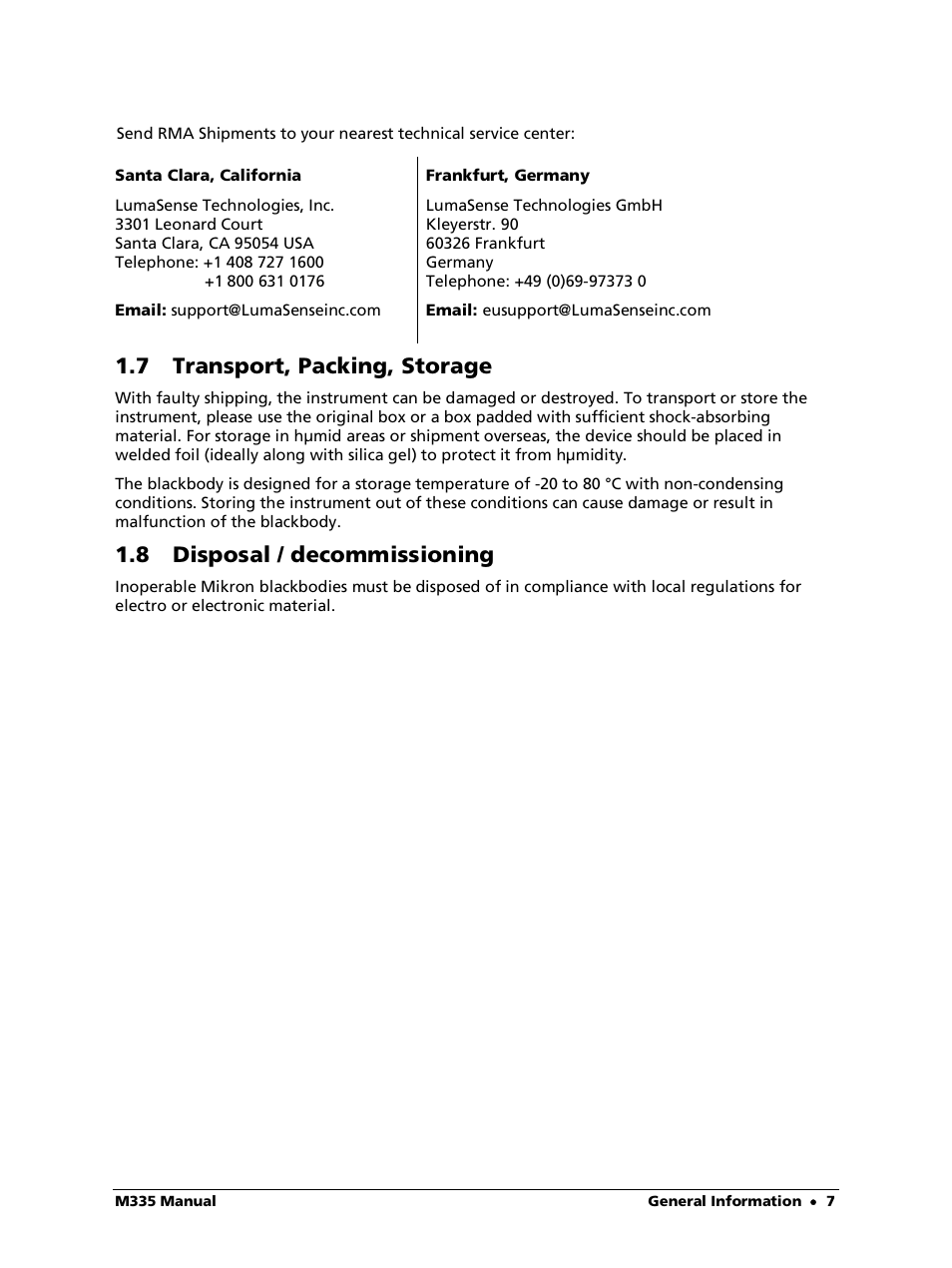 7 transport, packing, storage, 8 disposal / decommissioning | LumaSense Technologies M335 User Manual | Page 7 / 19