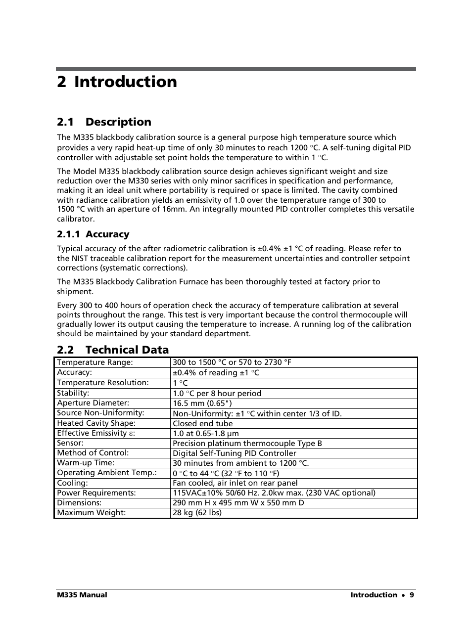 2 introduction, 1 description, 1 accuracy | 2 technical data | LumaSense Technologies M335 User Manual | Page 9 / 19