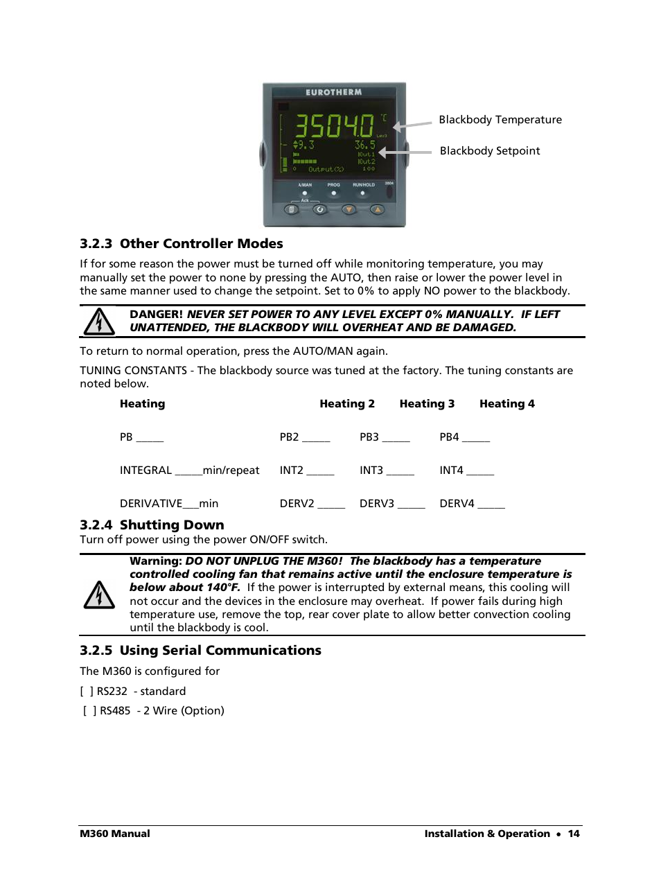3 other controller modes, 4 shutting down, 5 using serial communications | LumaSense Technologies M360 User Manual | Page 14 / 21