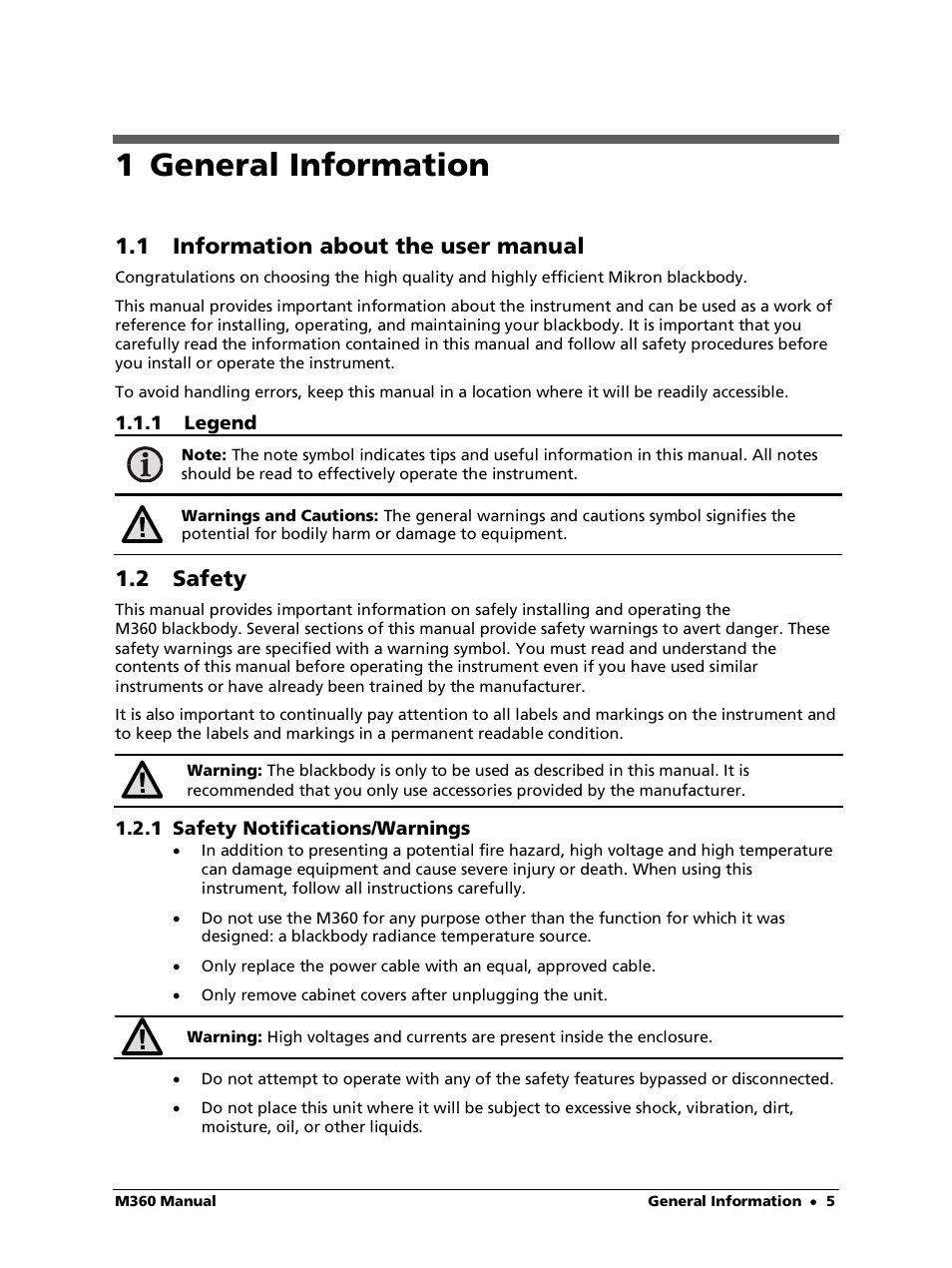 1 general information, 1 information about the user manual, 1 legend | 2 safety, 1 safety notifications/warnings | LumaSense Technologies M360 User Manual | Page 5 / 21