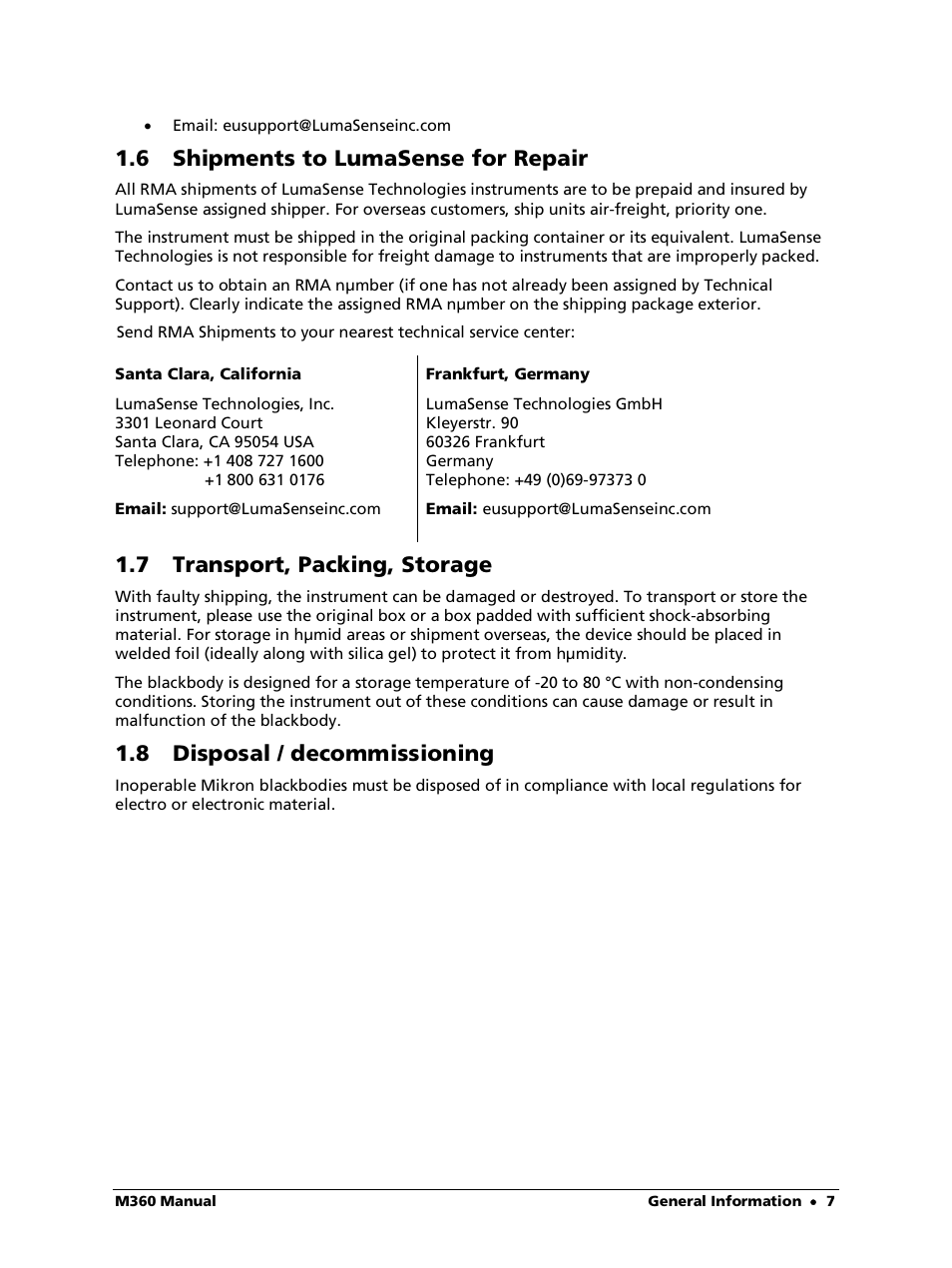 6 shipments to lumasense for repair, 7 transport, packing, storage, 8 disposal / decommissioning | LumaSense Technologies M360 User Manual | Page 7 / 21