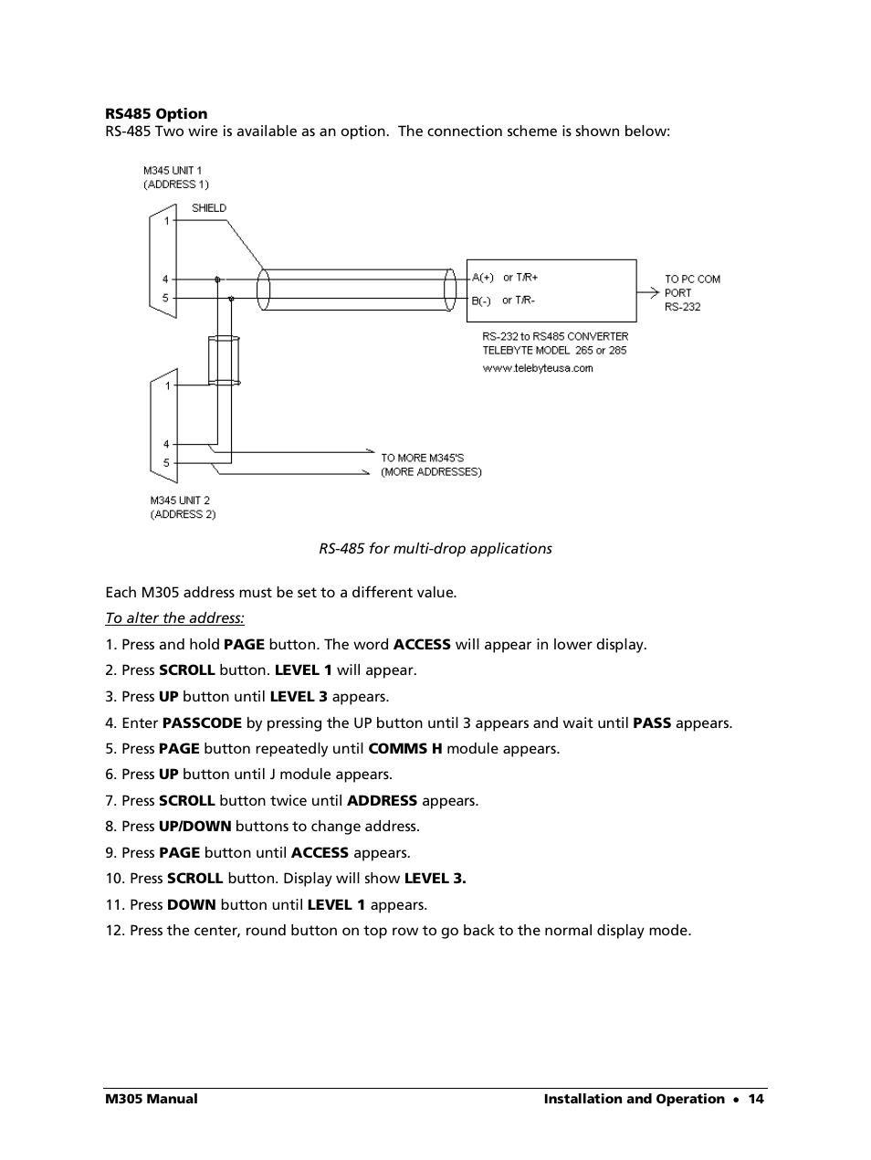 Rs485 option | LumaSense Technologies M305 User Manual | Page 14 / 19