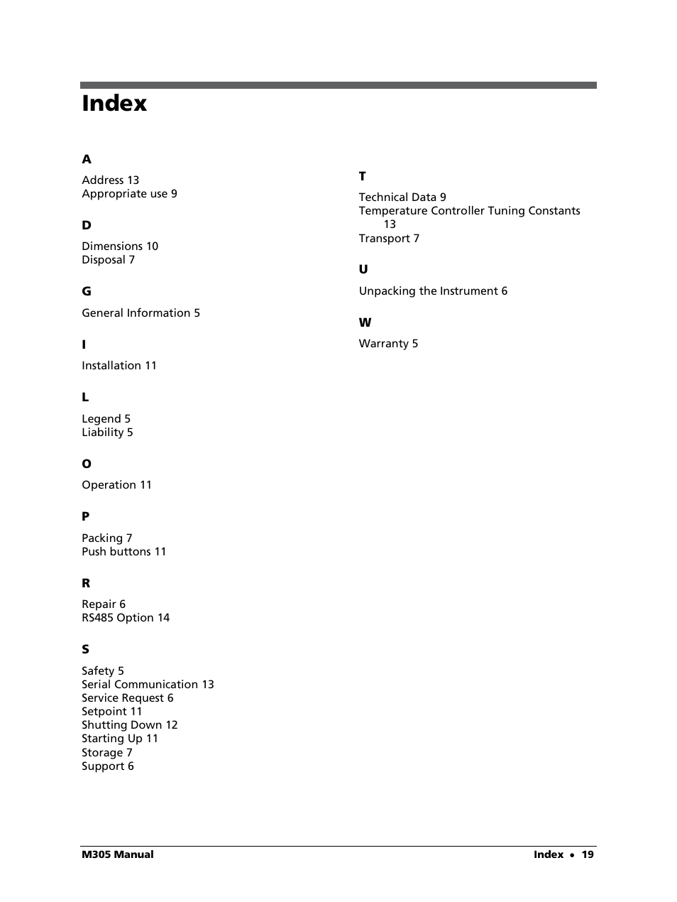 Index | LumaSense Technologies M305 User Manual | Page 19 / 19